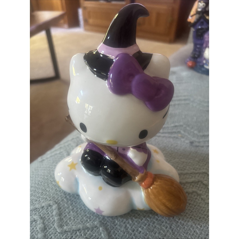 Hello Kitty Halloween Flying Witch Figurine Décor Broom Ceramic Blue Sky New